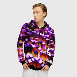 Толстовка 3D на молнии мужская Фиолетовые блоки в оранжевом тумане, цвет: 3D-черный — фото 2