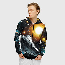 Толстовка 3D на молнии мужская Космолёт в неоновом космосе - нейросеть, цвет: 3D-черный — фото 2