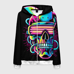 Толстовка 3D на молнии мужская Cyber skull - ai art neon, цвет: 3D-белый