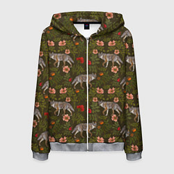 Толстовка 3D на молнии мужская Волки и шиповник, цвет: 3D-меланж