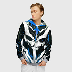 Толстовка 3D на молнии мужская Абстрактный белый череп и синие полосы, цвет: 3D-меланж — фото 2