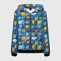 Толстовка 3D на молнии мужская Пэчворк с зайчиками, цвет: 3D-черный