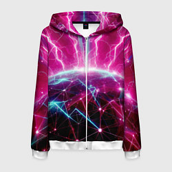 Толстовка 3D на молнии мужская Неоновые молнии ударяют в планету - нейроарт, цвет: 3D-белый