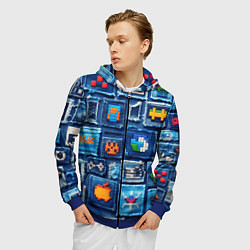 Толстовка 3D на молнии мужская Пиксельные символы на пэчворк, цвет: 3D-синий — фото 2