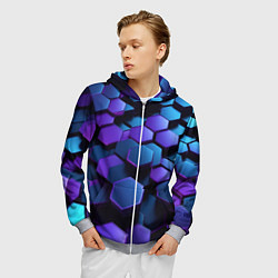 Толстовка 3D на молнии мужская Трехмерные фиолетовые шестиугольники, цвет: 3D-меланж — фото 2