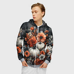Толстовка 3D на молнии мужская Белые тыква с цветами, цвет: 3D-меланж — фото 2