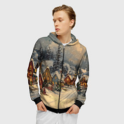 Толстовка 3D на молнии мужская Новогодние зимние домики, цвет: 3D-черный — фото 2