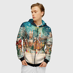 Толстовка 3D на молнии мужская Новогодний снежный город, цвет: 3D-черный — фото 2