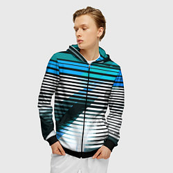 Толстовка 3D на молнии мужская Сине-чёрные полосы на белом фоне, цвет: 3D-черный — фото 2
