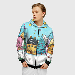 Толстовка 3D на молнии мужская Новогодние рисованные домики, цвет: 3D-черный — фото 2