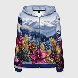 Толстовка 3D на молнии мужская Новогодний горный пейзаж с цветами, цвет: 3D-синий