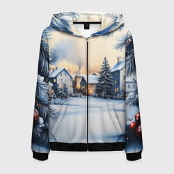 Толстовка 3D на молнии мужская Зимний снежный двор, цвет: 3D-черный