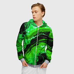 Толстовка 3D на молнии мужская Зелёные брызги на чёрном фоне, цвет: 3D-меланж — фото 2