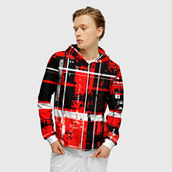 Толстовка 3D на молнии мужская Красно-белый гранж на чёрном фоне, цвет: 3D-белый — фото 2