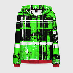 Толстовка 3D на молнии мужская Зелёно-белый гранж на чёрном фоне, цвет: 3D-красный