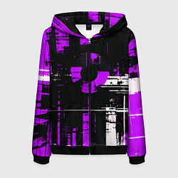 Мужская толстовка на молнии Фиолетово-белый гранж на чёрном фоне