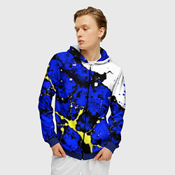 Толстовка 3D на молнии мужская Сине-жёлтая абстракция на белом фоне, цвет: 3D-синий — фото 2