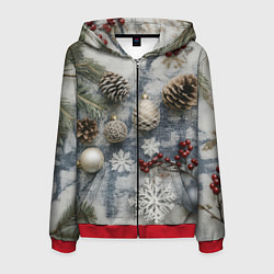 Толстовка 3D на молнии мужская Новогодние игрушки и шишки, цвет: 3D-красный