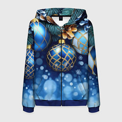 Толстовка 3D на молнии мужская Синие новогодние шары, цвет: 3D-синий