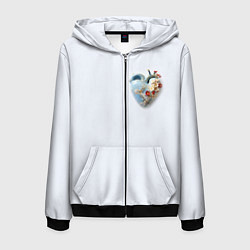 Толстовка 3D на молнии мужская Сердце и ветка цветущая сакура с цветами, цвет: 3D-черный