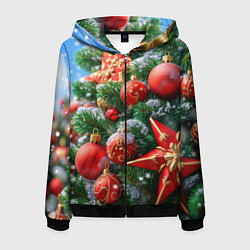 Толстовка 3D на молнии мужская Красные шары и звезда новогодняя, цвет: 3D-черный