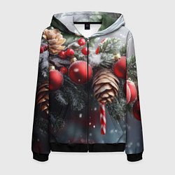 Толстовка 3D на молнии мужская Новогодние украшения на ветках, цвет: 3D-черный