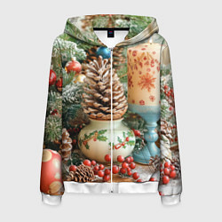 Толстовка 3D на молнии мужская Новогодняя атрибутика, цвет: 3D-белый