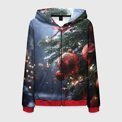 Толстовка 3D на молнии мужская Красные новогодние шары с узорами, цвет: 3D-красный