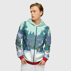 Толстовка 3D на молнии мужская Новый год - двор, цвет: 3D-красный — фото 2