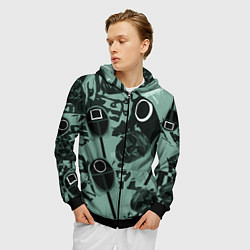 Толстовка 3D на молнии мужская Игра в кальмара маска ведущего и стражников, цвет: 3D-черный — фото 2