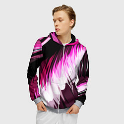 Толстовка 3D на молнии мужская Бело-розовые острые полосы на чёрном фоне, цвет: 3D-меланж — фото 2