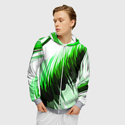Толстовка 3D на молнии мужская Чёрно-зелёные острые полосы на белом фоне, цвет: 3D-меланж — фото 2