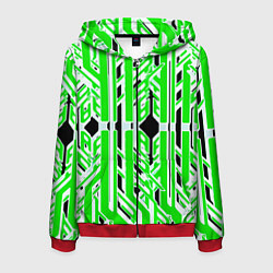 Толстовка 3D на молнии мужская Бело-зелёные техно полосы на чёрном фоне, цвет: 3D-красный