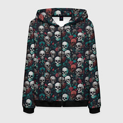 Толстовка 3D на молнии мужская Красные цветы и черепа, цвет: 3D-черный