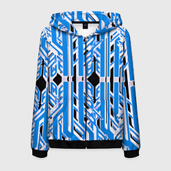 Мужская толстовка на молнии Бело-синие техно полосы на чёрном фоне