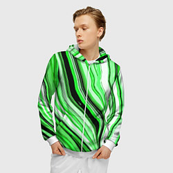 Толстовка 3D на молнии мужская Волнистые вертикальные чёрно-зелёные полосы, цвет: 3D-белый — фото 2