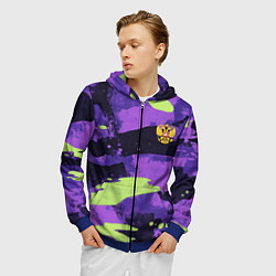 Толстовка 3D на молнии мужская Герб РФ на фиолетовом камуфляже, цвет: 3D-синий — фото 2