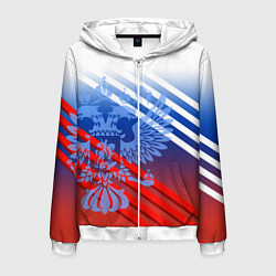 Толстовка 3D на молнии мужская Герб России на фоне цветов флага и полосы, цвет: 3D-белый