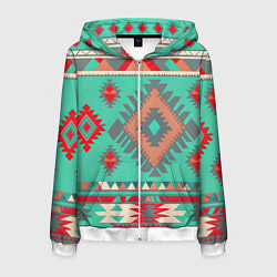 Толстовка 3D на молнии мужская Оранжево бирюзовый геометрический узор в стиле ацт, цвет: 3D-белый