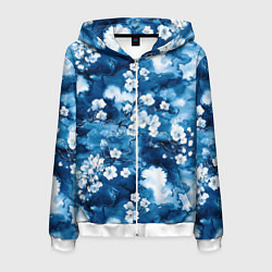 Мужская толстовка на молнии Цветы белой сакуры - паттерн на синем фоне