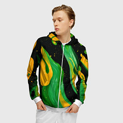 Толстовка 3D на молнии мужская Зелено-желтая краска на черном, цвет: 3D-белый — фото 2