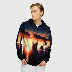 Толстовка 3D на молнии мужская Пейзаж город будущего закат, цвет: 3D-черный — фото 2
