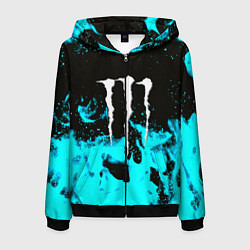 Толстовка 3D на молнии мужская Monster energy голубой огонь, цвет: 3D-черный
