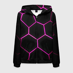 Толстовка 3D на молнии мужская Черные соты с фиолетовым неоном, цвет: 3D-черный