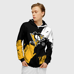 Толстовка 3D на молнии мужская Питтсбург Пингвинз - брызги, цвет: 3D-черный — фото 2