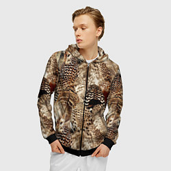 Толстовка 3D на молнии мужская Разные перья птиц - коричнево-бежевый паттерн, цвет: 3D-черный — фото 2
