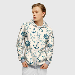 Толстовка 3D на молнии мужская Морской паттерн из штурвалов, чаек и якорей, цвет: 3D-меланж — фото 2