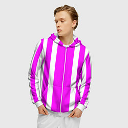 Толстовка 3D на молнии мужская Color white pink stripes, цвет: 3D-белый — фото 2