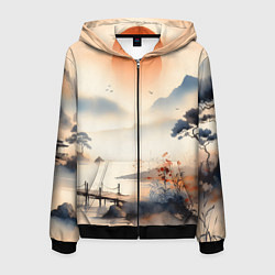 Мужская толстовка на молнии Таинственный Японский пейзаж - акварель