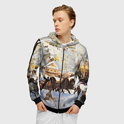 Толстовка 3D на молнии мужская Русская тройка зимой - картина Масленица Кустодиев, цвет: 3D-черный — фото 2